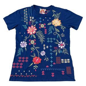 Johnny Was Blue Boho Floral Embroidered Katie Crewneck Cotton T-Shirt, XS